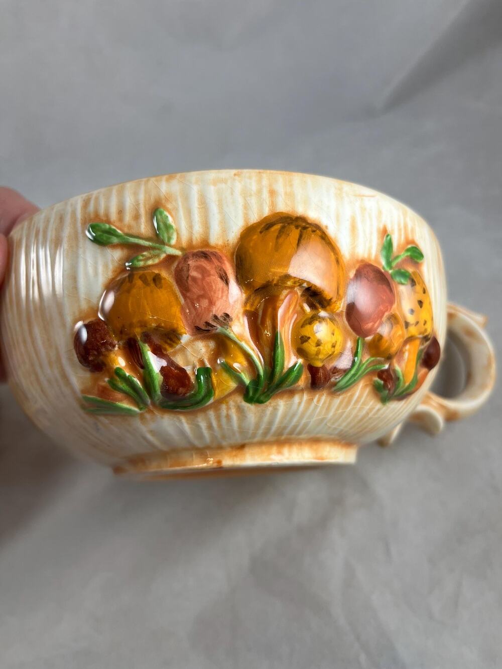 Embossed Mushroom Soup Bowls Pair with Handles Ceramic Vintage 1976